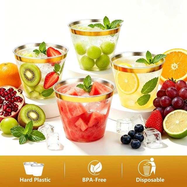 Alt view image 3 of 7 - 20 Pcs Plastic Cups 9oz, Disposable Stemless Wine Glasses Party Cup | Clear Gold Rimmed Classic Cocktail Cup Champagne Flutes Party Cups for Birthday Valentine's Galentine's Day Wedding Christmas