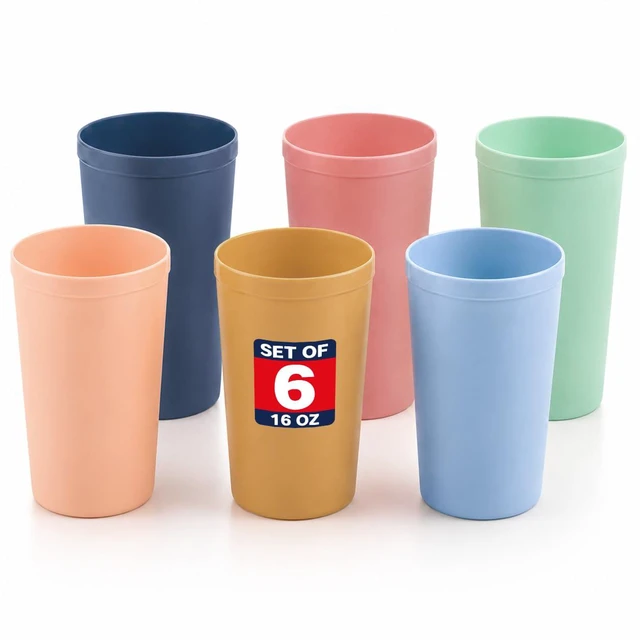 Main image of Reusable Plastic Cups 16 oz Set of 6, BPA-Free Tumblers for Everyday Use