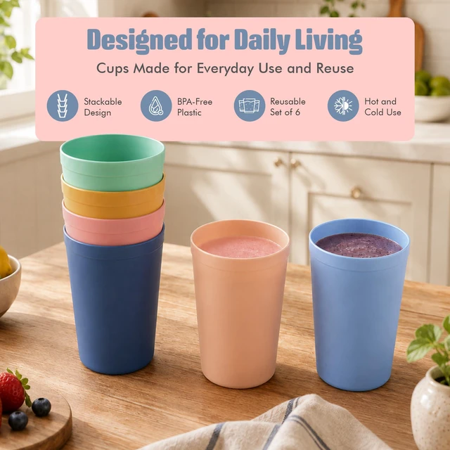 Alt view image 3 of 7 - Reusable Plastic Cups 16 oz Set of 6, BPA-Free Tumblers for Everyday Use