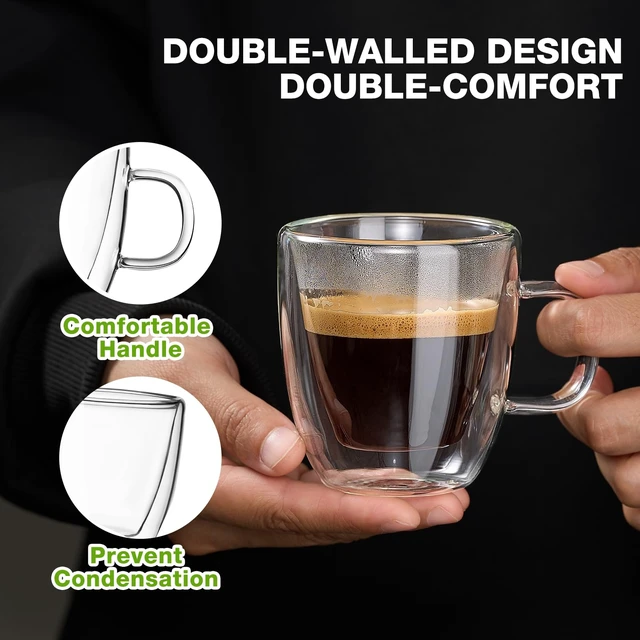 Alt view image 2 of 7 - Glass Double Wall Insulated Espresso Cups (Set of 2), 5.4 oz Shots Cup with Handle, Insulated Glasses Mugs, Small Coffee Cups, Shot Glass