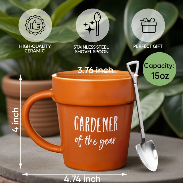 Alt view image 2 of 6 - Gardener Coffee Mug Gift - Funny Plant Pot Mug with Shovel Spoon - Cool Coffee Mugs for Men, Women - Mug for Gardeners, Dad Birthday Gifts, Cute Mom Christmas Gifts (Gardener Coffee Mug)