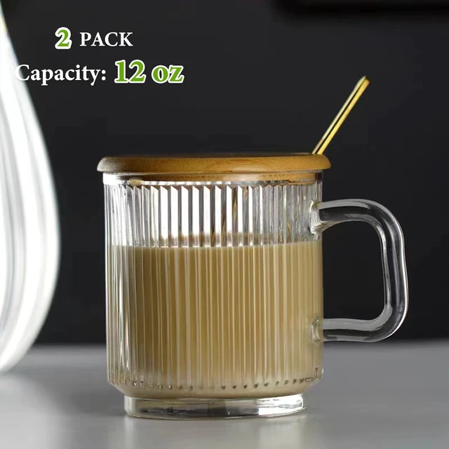 Alt view image 2 of 7 - 2 PACK Glass Coffee Mugs with Handle & Spoon, 12 OZ Glass Coffee Cups with Bamboo Lid, Ribbed Glass Cups, Clear Tea Cup for Hot/Cold Beverages, Glassware Set for Americano, Latte, Cappuccino
