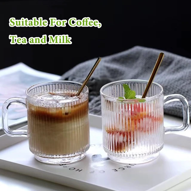 Alt view image 6 of 7 - 2 PACK Glass Coffee Mugs with Handle & Spoon, 12 OZ Glass Coffee Cups with Bamboo Lid, Ribbed Glass Cups, Clear Tea Cup for Hot/Cold Beverages, Glassware Set for Americano, Latte, Cappuccino