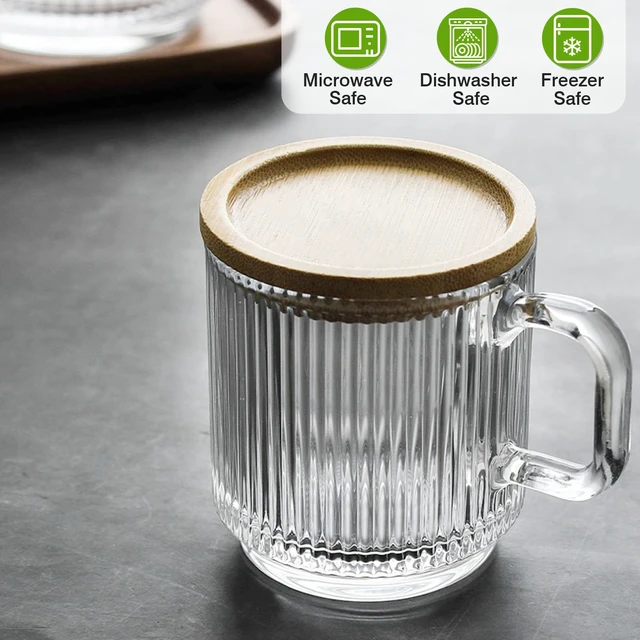 Alt view image 5 of 7 - 2 PACK Glass Coffee Mugs with Handle & Spoon, 12 OZ Glass Coffee Cups with Bamboo Lid, Ribbed Glass Cups, Clear Tea Cup for Hot/Cold Beverages, Glassware Set for Americano, Latte, Cappuccino