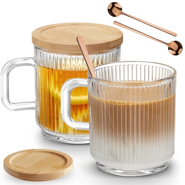 Alt view image 7 of 7 - 2 PACK Glass Coffee Mugs with Handle & Spoon, 12 OZ Glass Coffee Cups with Bamboo Lid, Ribbed Glass Cups, Clear Tea Cup for Hot/Cold Beverages, Glassware Set for Americano, Latte, Cappuccino