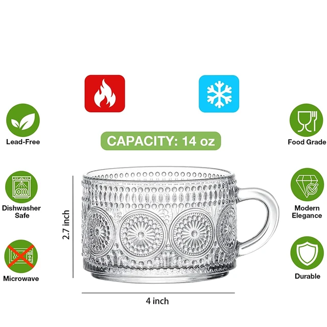 Alt view image 2 of 7 - Vintage Coffee Mugs Set of 2, 14 oz Embossed Glass Cups with Handle, Clear Cups for Cappuccino, Latte, Cereal, Yogurt, Milk, Hot or Cold Beverages