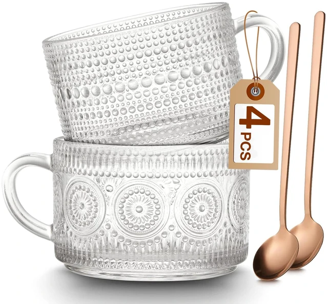 Main image of Vintage Coffee Mugs Set of 2, 14 oz Embossed Glass Cups with Handle, Clear Cups for Cappuccino, Latte, Cereal, Yogurt, Milk, Hot or Cold Beverages
