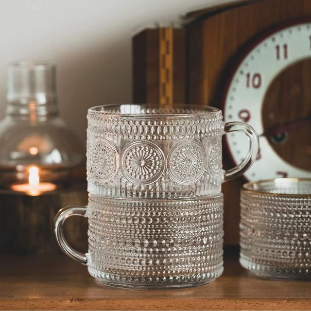 Alt view image 4 of 7 - Vintage Coffee Mugs Set of 2, 14 oz Embossed Glass Cups with Handle, Clear Cups for Cappuccino, Latte, Cereal, Yogurt, Milk, Hot or Cold Beverages