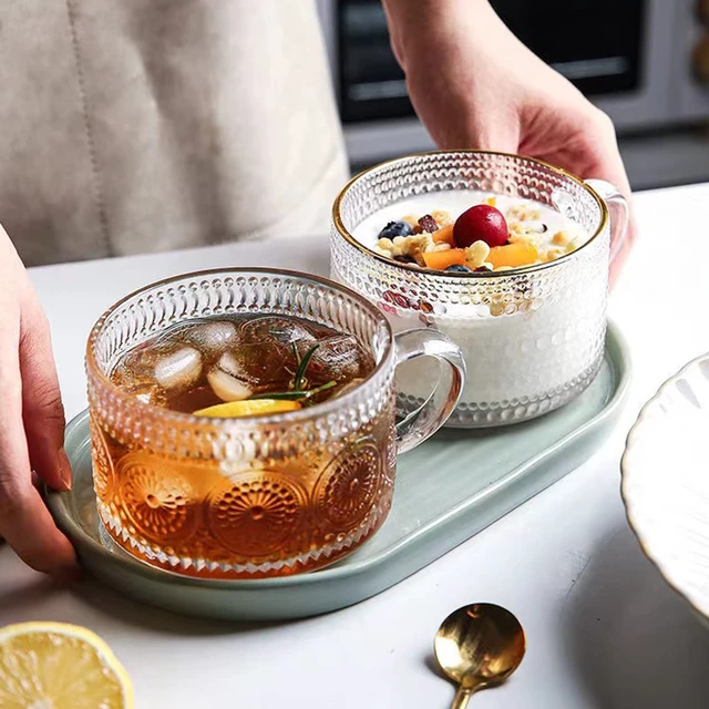Alt view image 7 of 7 - Vintage Coffee Mugs Set of 2, 14 oz Embossed Glass Cups with Handle, Clear Cups for Cappuccino, Latte, Cereal, Yogurt, Milk, Hot or Cold Beverages