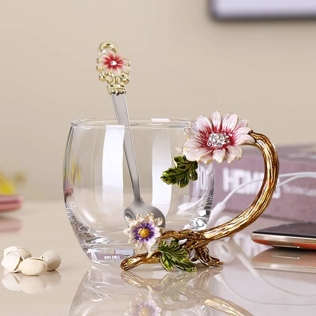 Main image of Enamel Sunflower Crystal Lead-Free Glass Tea Cup with Spoon Set, Present for The Christmas, Valentine's Day.Best Present for Mother, Grandma, Girlfriend, Sister.