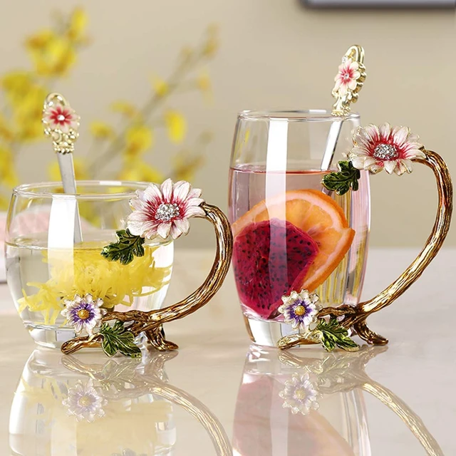 Alt view image 2 of 7 - Enamel Sunflower Crystal Lead-Free Glass Tea Cup with Spoon Set, Present for The Christmas, Valentine's Day.Best Present for Mother, Grandma, Girlfriend, Sister.