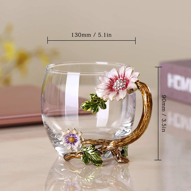Alt view image 3 of 7 - Enamel Sunflower Crystal Lead-Free Glass Tea Cup with Spoon Set, Present for The Christmas, Valentine's Day.Best Present for Mother, Grandma, Girlfriend, Sister.