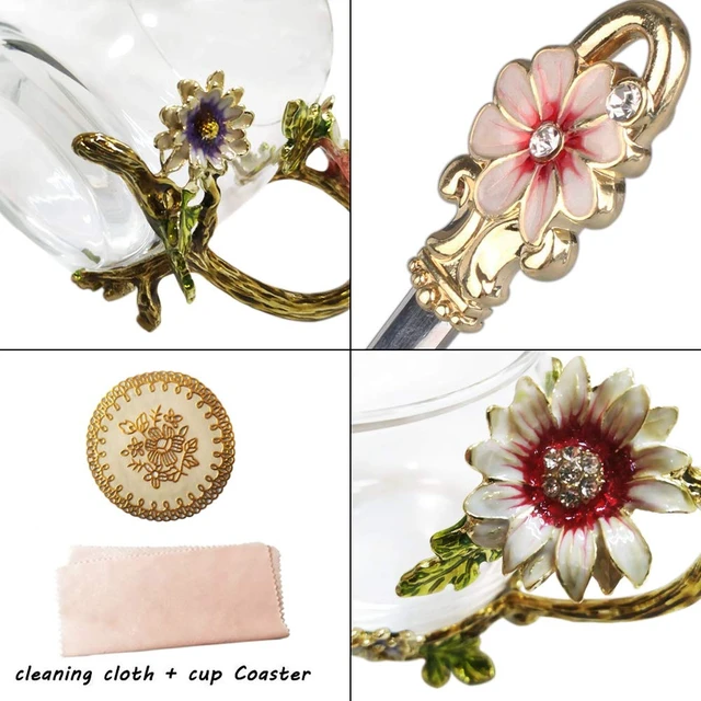 Alt view image 4 of 7 - Enamel Sunflower Crystal Lead-Free Glass Tea Cup with Spoon Set, Present for The Christmas, Valentine's Day.Best Present for Mother, Grandma, Girlfriend, Sister.
