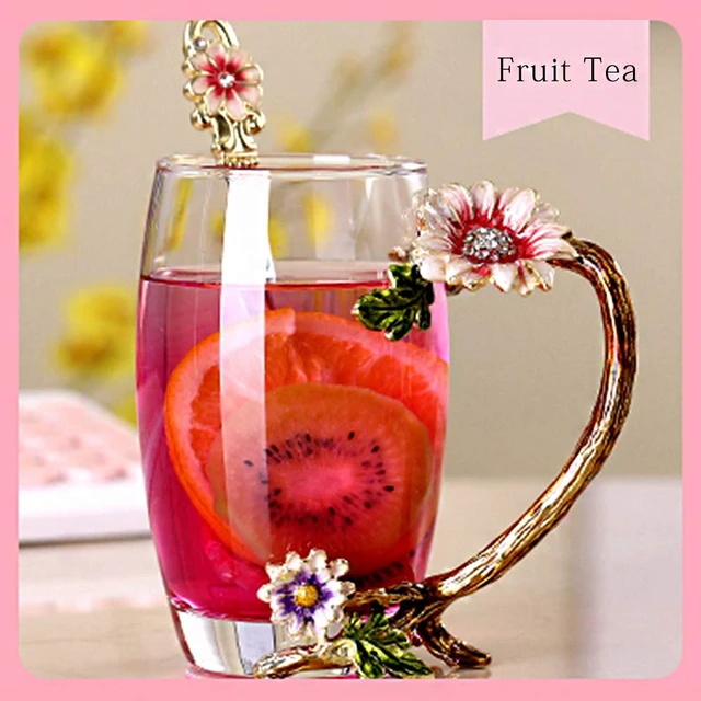Alt view image 5 of 7 - Enamel Sunflower Crystal Lead-Free Glass Tea Cup with Spoon Set, Present for The Christmas, Valentine's Day.Best Present for Mother, Grandma, Girlfriend, Sister.