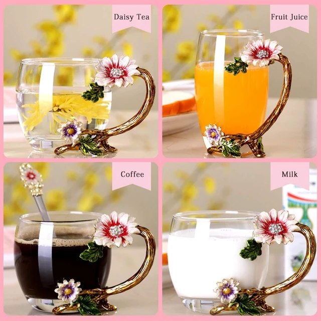 Alt view image 6 of 7 - Enamel Sunflower Crystal Lead-Free Glass Tea Cup with Spoon Set, Present for The Christmas, Valentine's Day.Best Present for Mother, Grandma, Girlfriend, Sister.