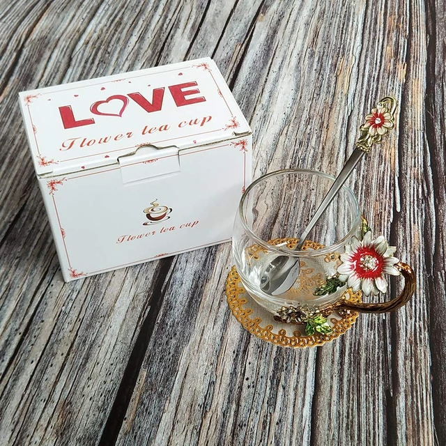 Alt view image 7 of 7 - Enamel Sunflower Crystal Lead-Free Glass Tea Cup with Spoon Set, Present for The Christmas, Valentine's Day.Best Present for Mother, Grandma, Girlfriend, Sister.