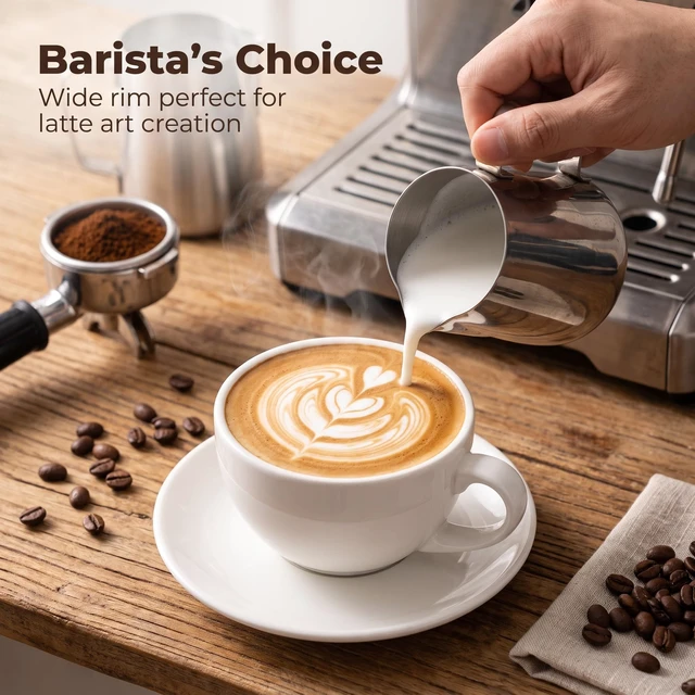 Alt view image 2 of 7 - 11 oz White Cappuccino Mug- Large Ceramic Coffee Cup with Saucer - Microwave and Dishwasher Safe, Perfect For Tea, Espresso, Latte - Porcelain Set for Kitchen or Cafe, Baristas, Great Gift