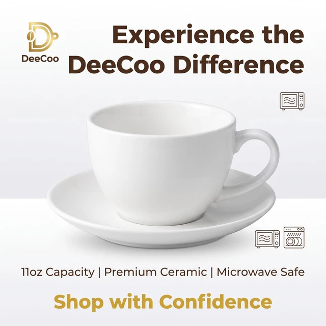 Alt view image 3 of 7 - 11 oz White Cappuccino Mug- Large Ceramic Coffee Cup with Saucer - Microwave and Dishwasher Safe, Perfect For Tea, Espresso, Latte - Porcelain Set for Kitchen or Cafe, Baristas, Great Gift