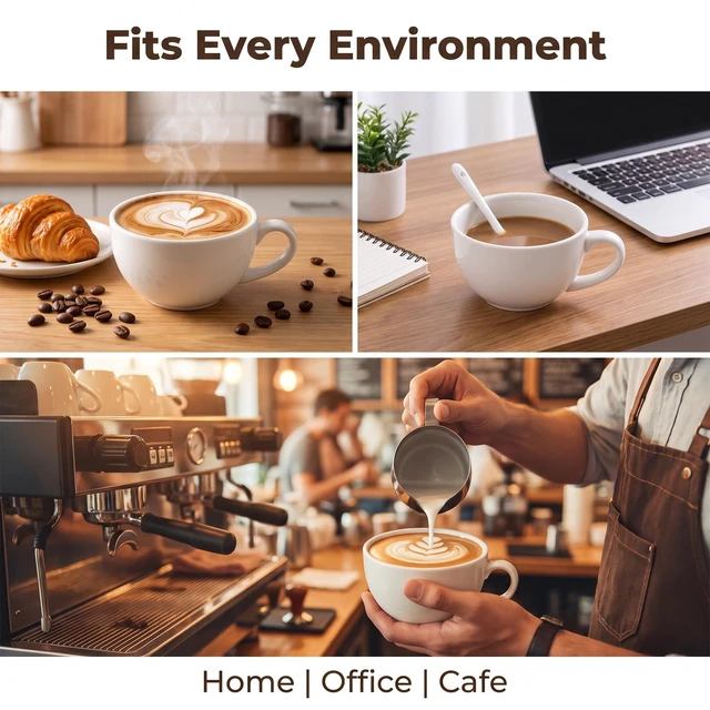Alt view image 7 of 7 - 11 oz White Cappuccino Mug- Large Ceramic Coffee Cup with Saucer - Microwave and Dishwasher Safe, Perfect For Tea, Espresso, Latte - Porcelain Set for Kitchen or Cafe, Baristas, Great Gift