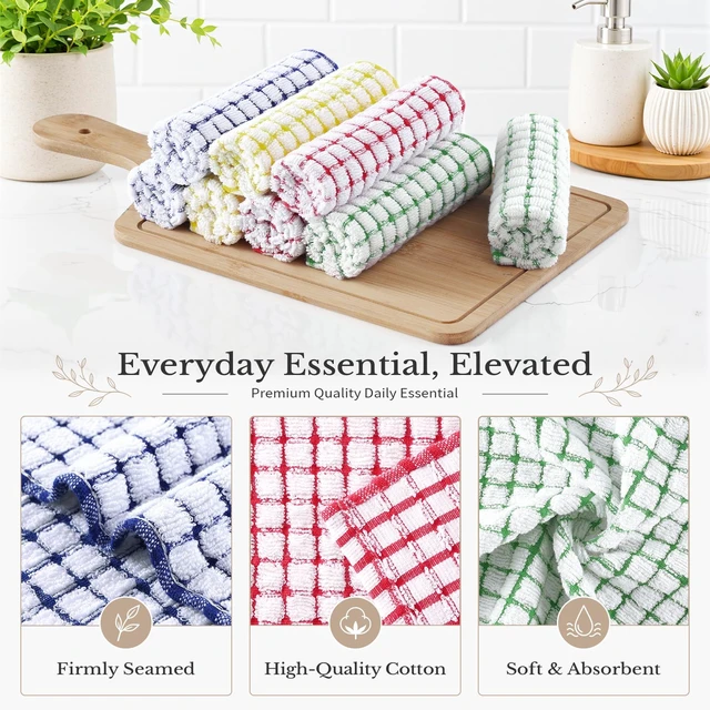 Alt view image 2 of 7 - 8 Pack Terry Kitchen Dish Cloths, 12"x12", Blue/Yellow/Red/Green | Super Soft and Absorbent Dish Rags, Quick Drying Reusable Dish Towels for Washing Dishes