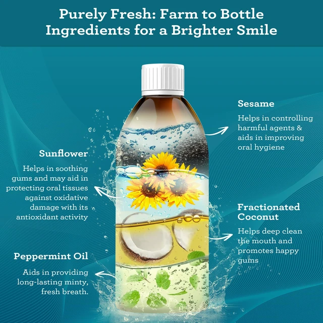 Alt view image 3 of 7 - Original Coconut Oil Pulling Mouthwash with Sesame Oil, 8.45oz | With Tongue Scraper|Fluoride & Alcohol Free Mouthwash|Ayurvedic Formula with Sunflower & Peppermint|Fresh Breath, Healthy Gum