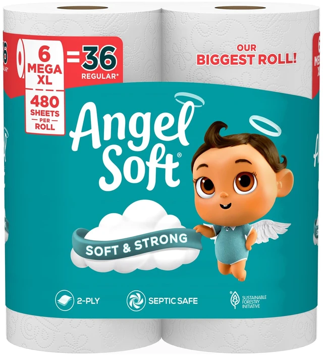 Main image of Toilet Paper Tissues, 6 Super Mega Rolls = 36 Regular Rolls | Angel Soft toilet tissue for stocked bathrooms and bulk toilet paper needs
