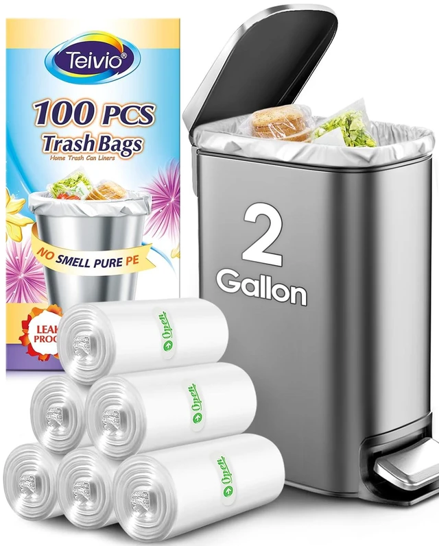Main image of Small Clear Trash Bags 2 Gallon 100 Count Bathroom Garbage Bags | Fit 5-8 Liters,1.5,1.6,1.8Gal,Mini Plastic Waste Basket Bins Can Liners for Home Bathroom Office Car dog poop bags