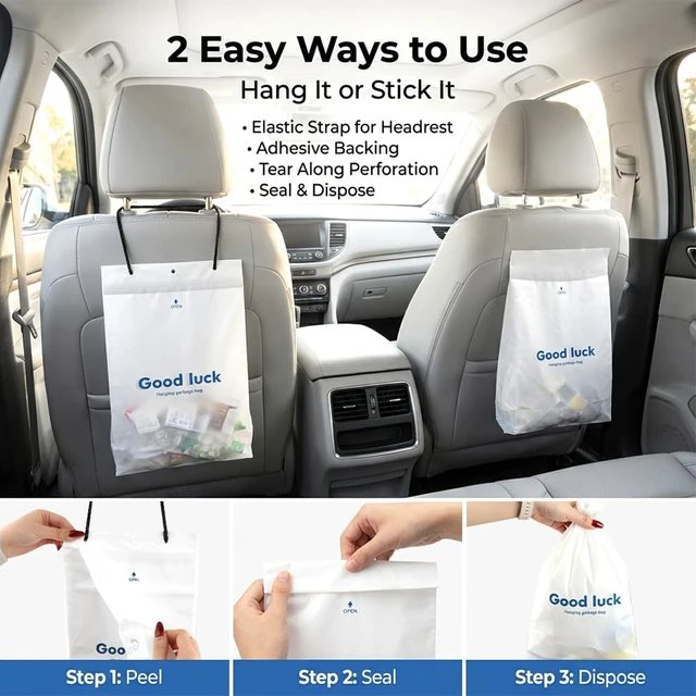 Alt view image 4 of 7 - 100 PCS Disposable Car Trash Bags Hanging, Leak-proof, Odor Seal, Hanging Garbage Bags, Hanging from Headrest/Easy Stick-On Trash Can for Car, SUV, Truck, Stroller Camping(White)