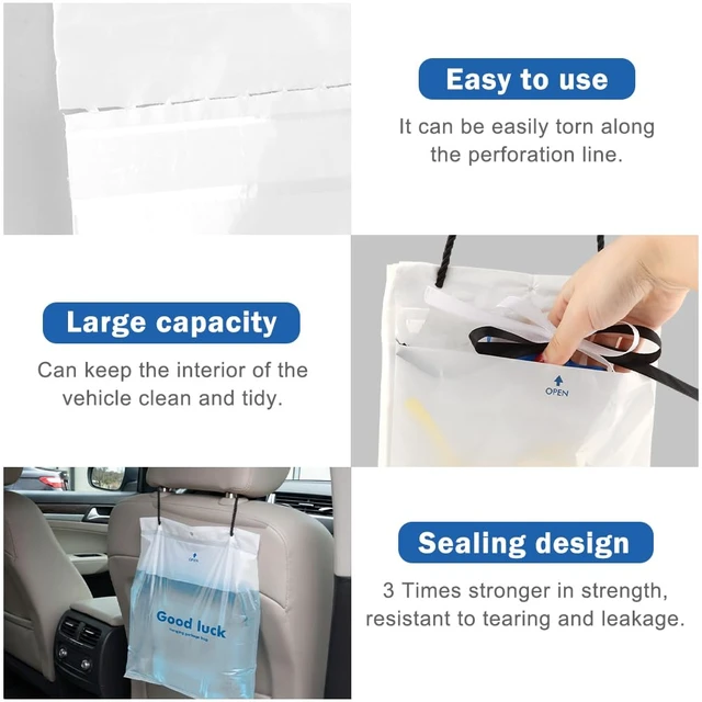 Alt view image 3 of 7 - 100 PCS Disposable Car Trash Bags Hanging, Leak-proof, Odor Seal, Hanging Garbage Bags, Hanging from Headrest/Easy Stick-On Trash Can for Car, SUV, Truck, Stroller Camping(White)