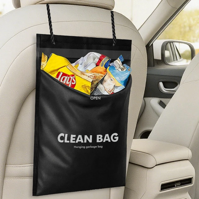 Main image of Hanging Car Trash Bags, 50 Count Disposable Garbage Bags, Easy Stick-On Headrest Waist Bin for Sedan, SUV, Truck, RV, Easy Tear Roll, Leak-proof, Black