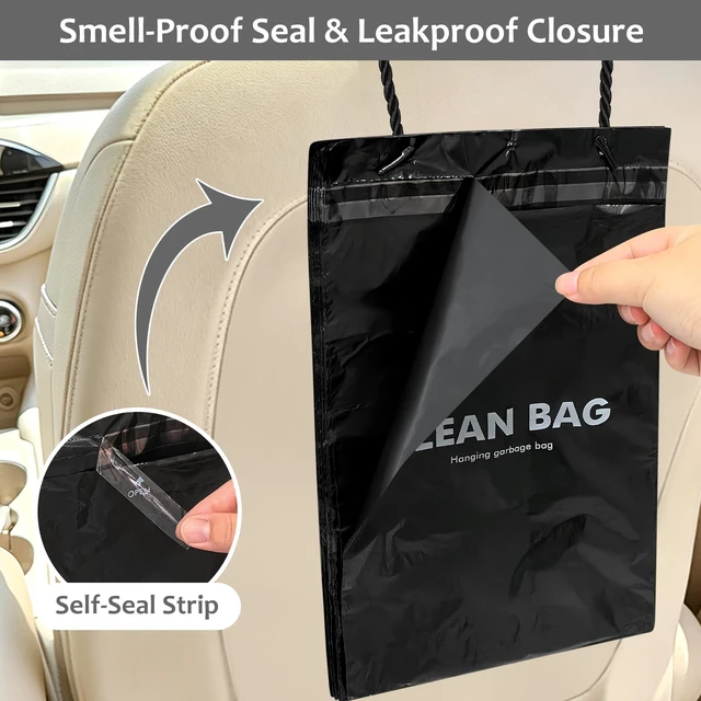 Alt view image 3 of 7 - Hanging Car Trash Bags, 50 Count Disposable Garbage Bags, Easy Stick-On Headrest Waist Bin for Sedan, SUV, Truck, RV, Easy Tear Roll, Leak-proof, Black