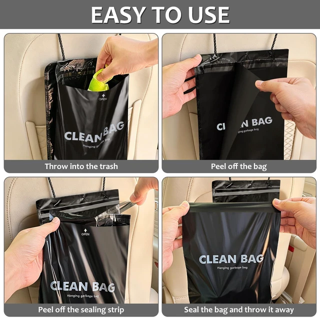 Alt view image 6 of 7 - Hanging Car Trash Bags, 50 Count Disposable Garbage Bags, Easy Stick-On Headrest Waist Bin for Sedan, SUV, Truck, RV, Easy Tear Roll, Leak-proof, Black