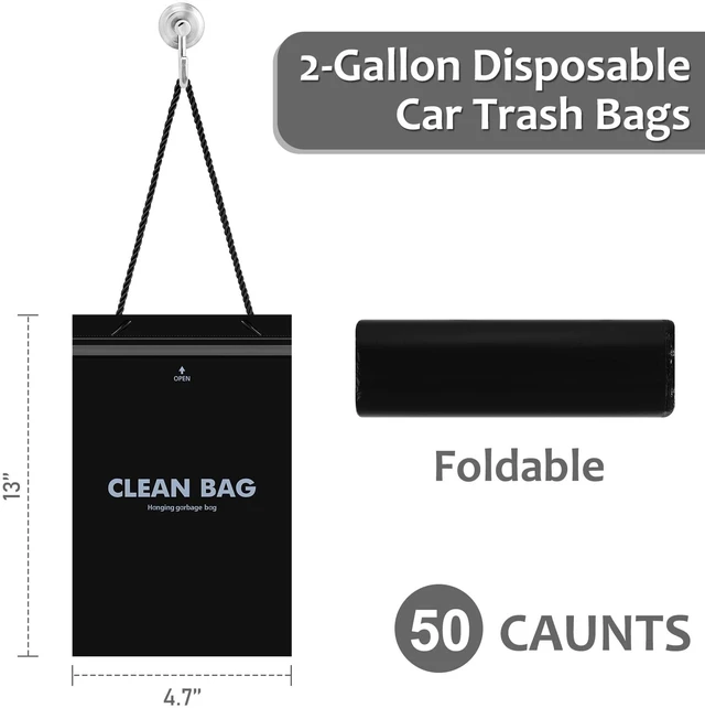 Alt view image 4 of 7 - Hanging Car Trash Bags, 50 Count Disposable Garbage Bags, Easy Stick-On Headrest Waist Bin for Sedan, SUV, Truck, RV, Easy Tear Roll, Leak-proof, Black