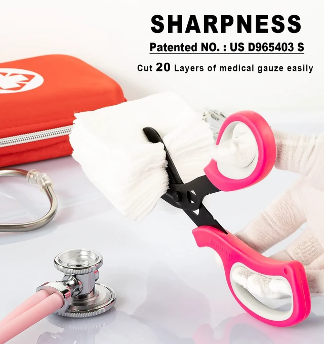 Alt view image 3 of 6 - Trauma Shears 2-Pack Medical Scissors Ambidextrous for Nurses EMT | 7.8" Patented Bandage Scissors, Fluorine Coated Non-stick, Milled Serrations, Ergonomic TPE Grip, Oxygen Tank Wrench