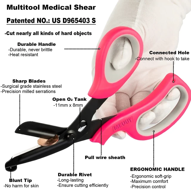 Alt view image 4 of 6 - Trauma Shears 2-Pack Medical Scissors Ambidextrous for Nurses EMT | 7.8" Patented Bandage Scissors, Fluorine Coated Non-stick, Milled Serrations, Ergonomic TPE Grip, Oxygen Tank Wrench