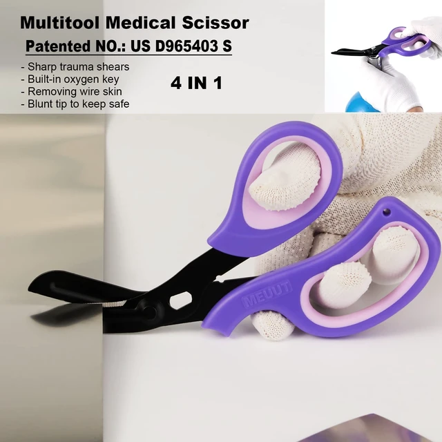 Alt view image 5 of 6 - Trauma Shears 2-Pack Medical Scissors Ambidextrous for Nurses EMT | 7.8" Patented Bandage Scissors, Fluorine Coated Non-stick, Milled Serrations, Ergonomic TPE Grip, Oxygen Tank Wrench