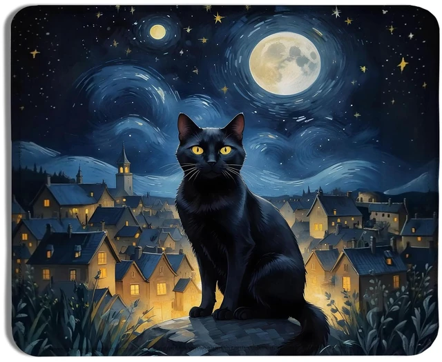 Main image of Starry Night Black Cat Mouse Pad, Black Cat Lover Mom Lady Gifts, Witchy Mystical Celestial Moonlit Kitten Mousepad for Computers Laptop Home Office Dorm Desk Accessories, 7.9x9.5 Inch