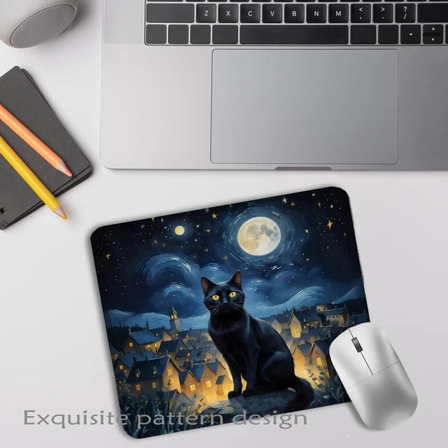 Alt view image 3 of 6 - Starry Night Black Cat Mouse Pad, Black Cat Lover Mom Lady Gifts, Witchy Mystical Celestial Moonlit Kitten Mousepad for Computers Laptop Home Office Dorm Desk Accessories, 7.9x9.5 Inch