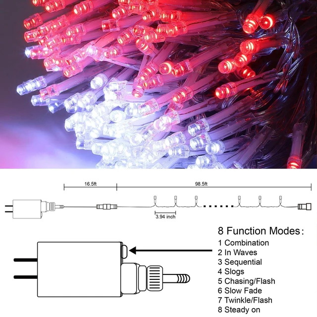Alt view image 5 of 7 - 300 LED Valentines Lights, Extra Long 98.5FT Christmas String Lights Outdoor Indoor, 8 Lighting Mode, Plug in Waterproof Fairy Light for Wedding Party Bedroom Garden Decorations (Red & White)