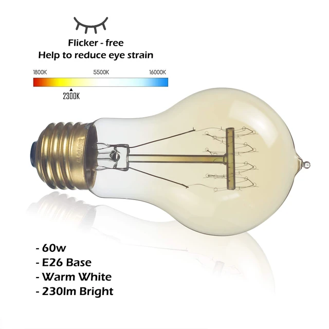 Alt view image 3 of 7 - 6-Pack Edison Light Bulb 60 Watt Dimmable A19 Vintage Warm Bulb Antique Vintage Old Fashioned E26 Incandescent Light Bulbs, Amber 2200K Warm White, 110V 230LM Edison Bulbs for Bedroom&Cafe