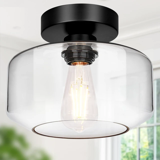 Main image of Industrial Semi Flush Mount Ceiling Light Black, Clear Glass Shade Ceiling Light Fixture, Farmhouse Light Fixtures for Hallway Corridor Kitchen Bathroom Bedroom Passway Foyer
