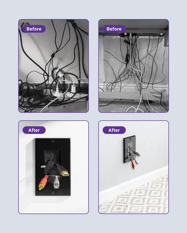 Alt view image 3 of 7 - Single Gang Brush Wall Plate Low Voltage Cable Pass Through Black, 5PK Routes HDMI, Coax, Speaker, Network Cables, behind Wall Mount TV