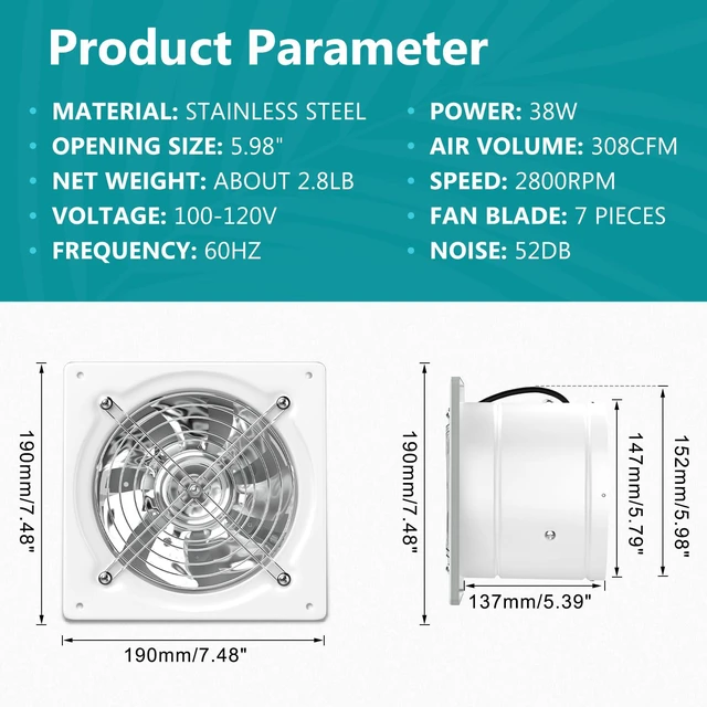 Alt view image 6 of 7 - 6 Inch Exhaust Fan, Kitchen Exhaust Fan With Switch 308CFM, Extractor Ventilation Fan For Attic, Greenhouse, Basement, Shed