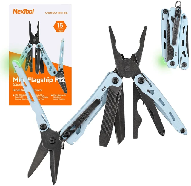 Main image of Mini Flagship F12 Keychain Multitool, Fifth Pocket Tools (Blue) 15-in-1 Multi Tool, 80Cr14Mov Steel, Serrated Scissors, Thicken Pliers, Safety Lock Knife and File for EDC, Outdoor, DIY