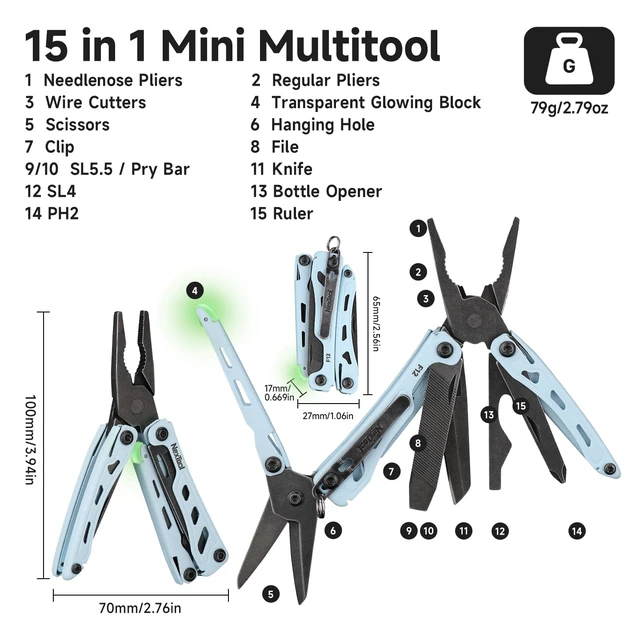 Alt view image 2 of 7 - Mini Flagship F12 Keychain Multitool, Fifth Pocket Tools (Blue) 15-in-1 Multi Tool, 80Cr14Mov Steel, Serrated Scissors, Thicken Pliers, Safety Lock Knife and File for EDC, Outdoor, DIY