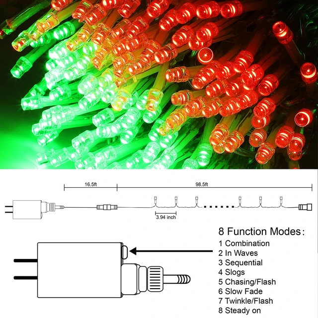 Alt view image 3 of 7 - 300 LED Christmas Lights, Extra Long 98.5FT Xmas String Lights Outdoor Indoor, 8 Lighting Modes, Plug in Waterproof Fairy Lights for Wedding Party Bedroom Decorations (Red & Green)