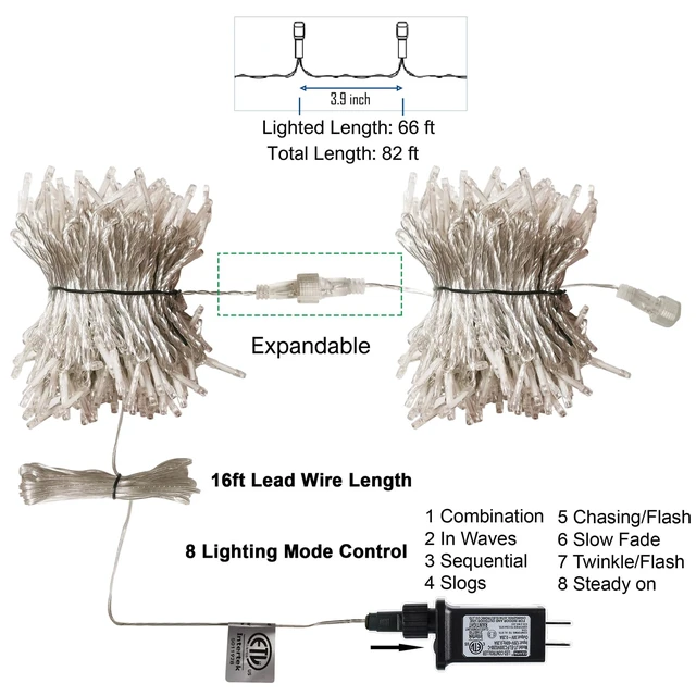 Alt view image 3 of 7 - 300 LED Valentines Lights, Extra Long 98.5FT Christmas String Lights Outdoor Indoor, 8 Lighting Mode, Plug in Waterproof Fairy Light for Wedding Party Bedroom Garden Decorations (Red & White)