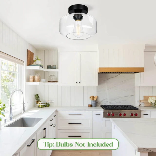 Alt view image 4 of 7 - Industrial Semi Flush Mount Ceiling Light Black, Clear Glass Shade Ceiling Light Fixture, Farmhouse Light Fixtures for Hallway Corridor Kitchen Bathroom Bedroom Passway Foyer