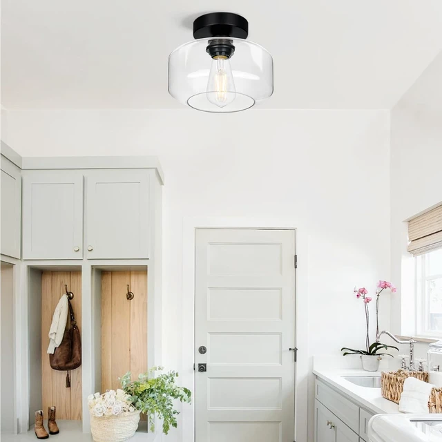 Alt view image 5 of 7 - Industrial Semi Flush Mount Ceiling Light Black, Clear Glass Shade Ceiling Light Fixture, Farmhouse Light Fixtures for Hallway Corridor Kitchen Bathroom Bedroom Passway Foyer