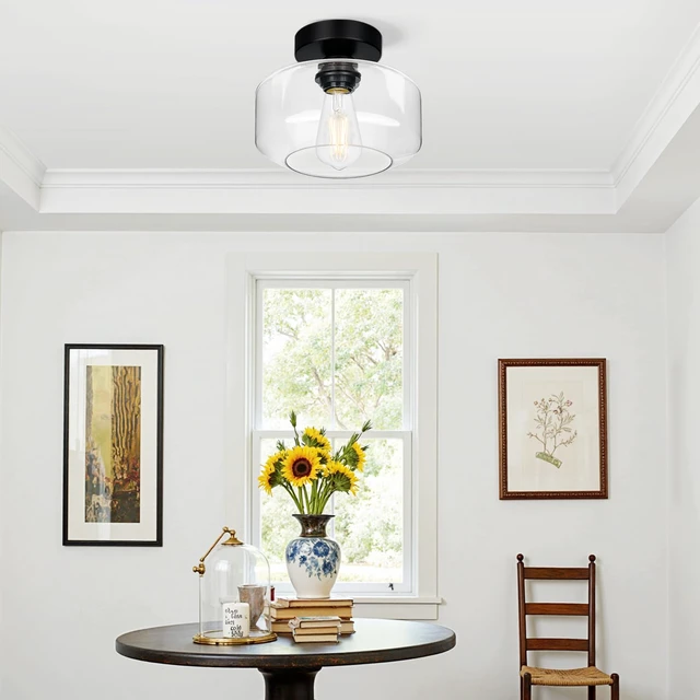 Alt view image 6 of 7 - Industrial Semi Flush Mount Ceiling Light Black, Clear Glass Shade Ceiling Light Fixture, Farmhouse Light Fixtures for Hallway Corridor Kitchen Bathroom Bedroom Passway Foyer